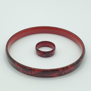 Womens Enamel Bracelet‎ & Ring Set Red Floral Size 5 Artistic